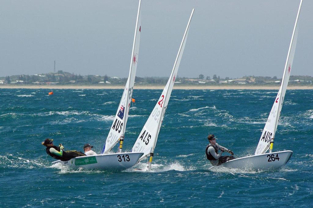 Tristan Brown, Ashley Stoddart and Angus Barker off the radial start  - The 2015 Laser Open National Championships ©  Perth Sailing Photography